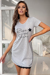RISE AND SHINE Contrast Lace V-Neck T-Shirt Dress - Shah S. Sahota
