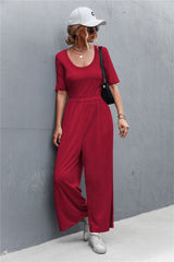 Scoop Neck Half Sleeve Wide Leg Jumpsuit - Shah S. Sahota