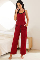 Plaid Lace Trim Cami and Drawstring Pants Pajama Set - Shah S. Sahota