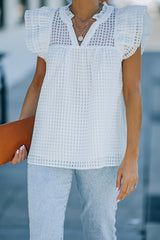 Grid V-Neck Ruffle Shoulder Frill Trim Top - Shah S. Sahota