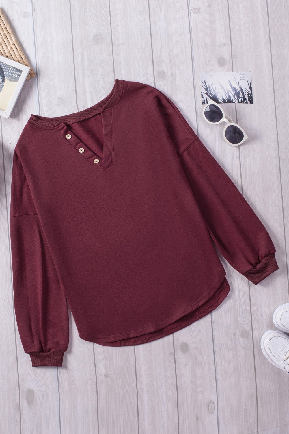 Button Detail Curved Hem Top - Shah S. Sahota