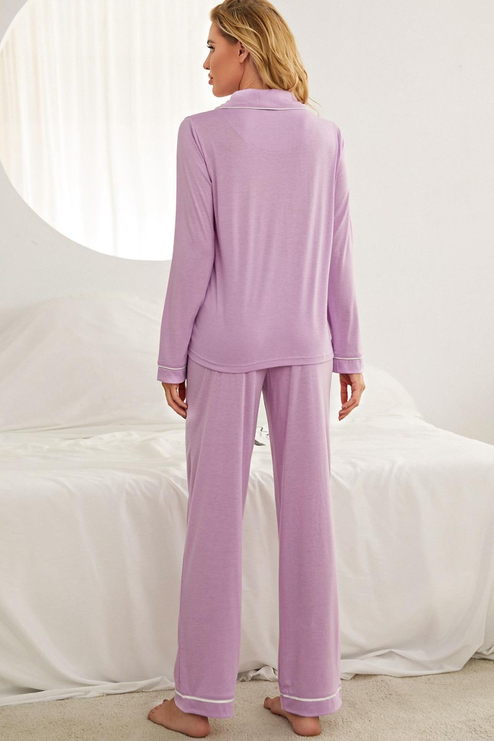 Contrast Piping Button Down Top and Pants Loungewear Set - Shah S. Sahota