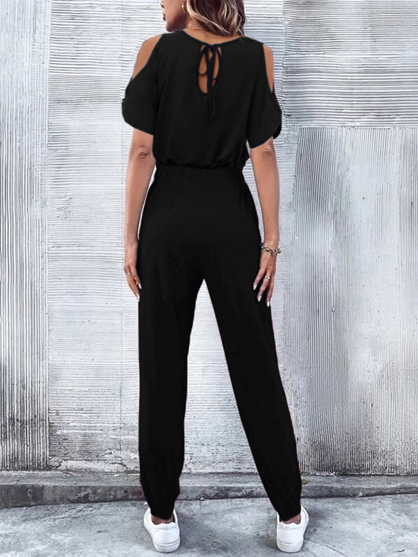 V-Neck Cold-Shoulder Jumpsuit with Pockets - Shah S. Sahota