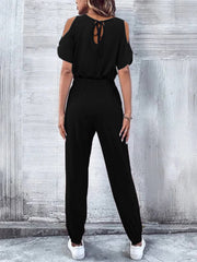 V-Neck Cold-Shoulder Jumpsuit with Pockets - Shah S. Sahota