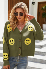 Smiley Face Ribbed Trim V-Neck Cardigan - Shah S. Sahota