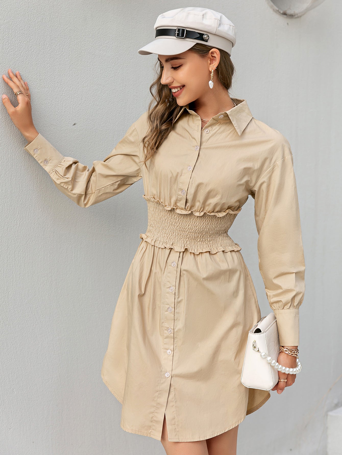 Button Front Frill Trim Smocked Waist Shirt Dress - Shah S. Sahota