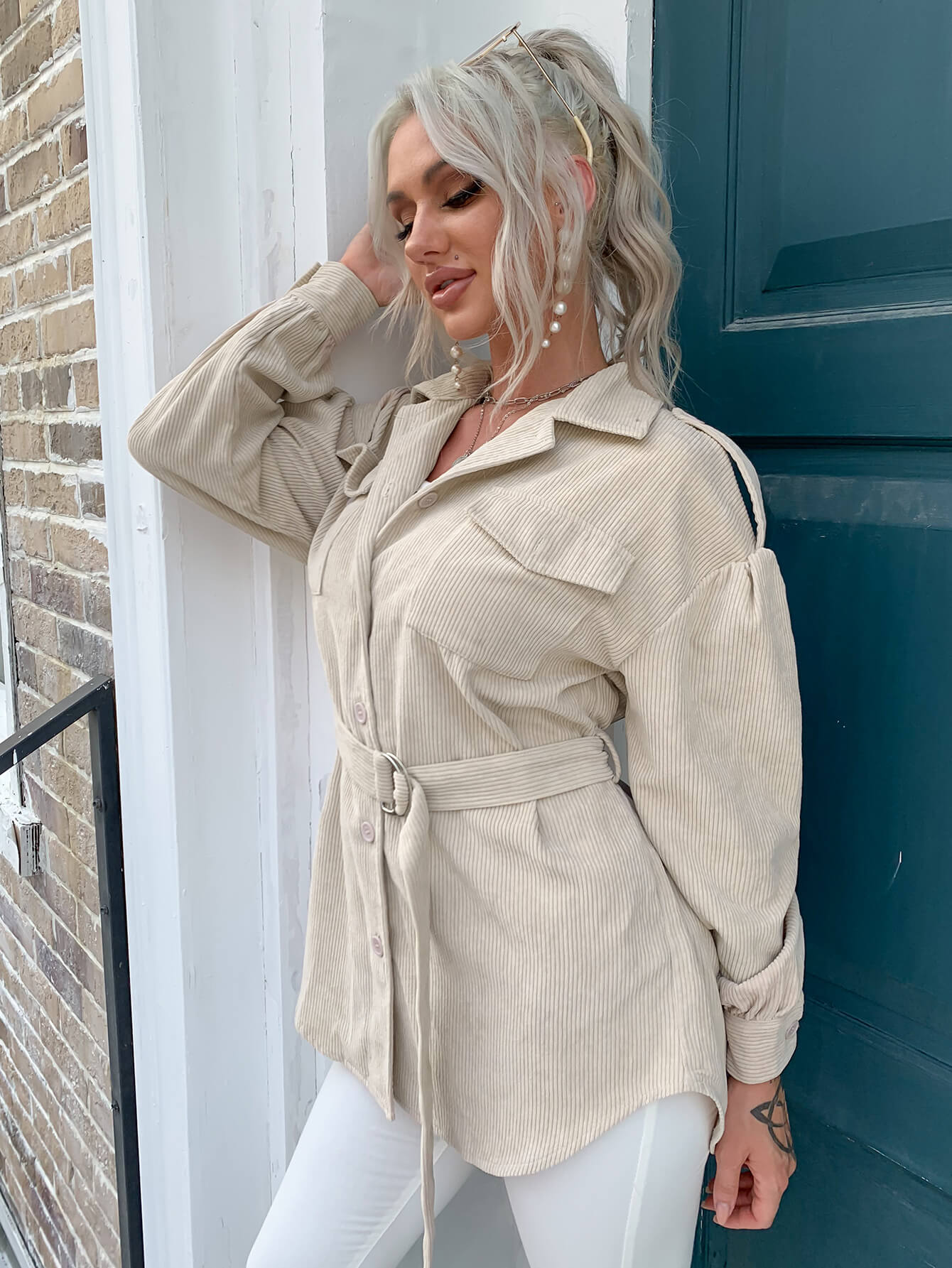 Corduroy Belted Button Front Jacket - Shah S. Sahota