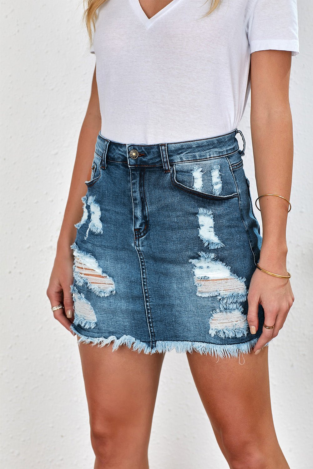 Distressed Raw Hem Denim Mini Skirt - Shah S. Sahota