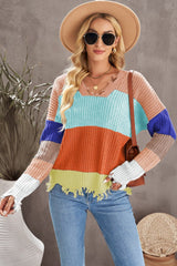Color Block Distressed V-Neck Ribbed Sweater - Shah S. Sahota