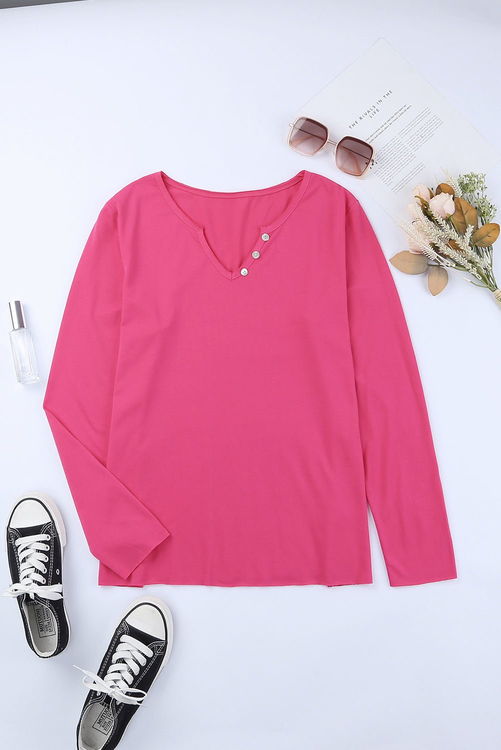 Decorative Button Notched Long Sleeve Top - Shah S. Sahota