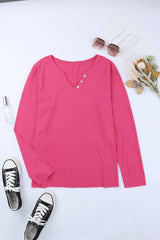 Decorative Button Notched Long Sleeve Top - Shah S. Sahota