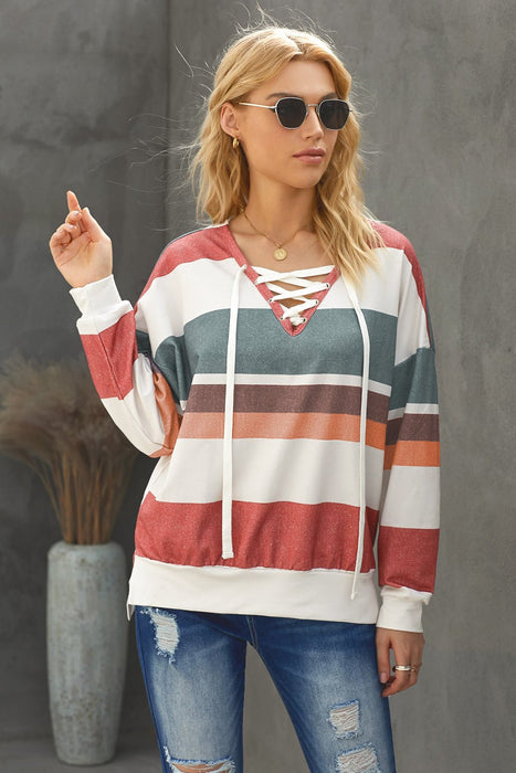 Multicolored Striped Lace-Up Dropped Shoulder Sweatshirt - Shah S. Sahota