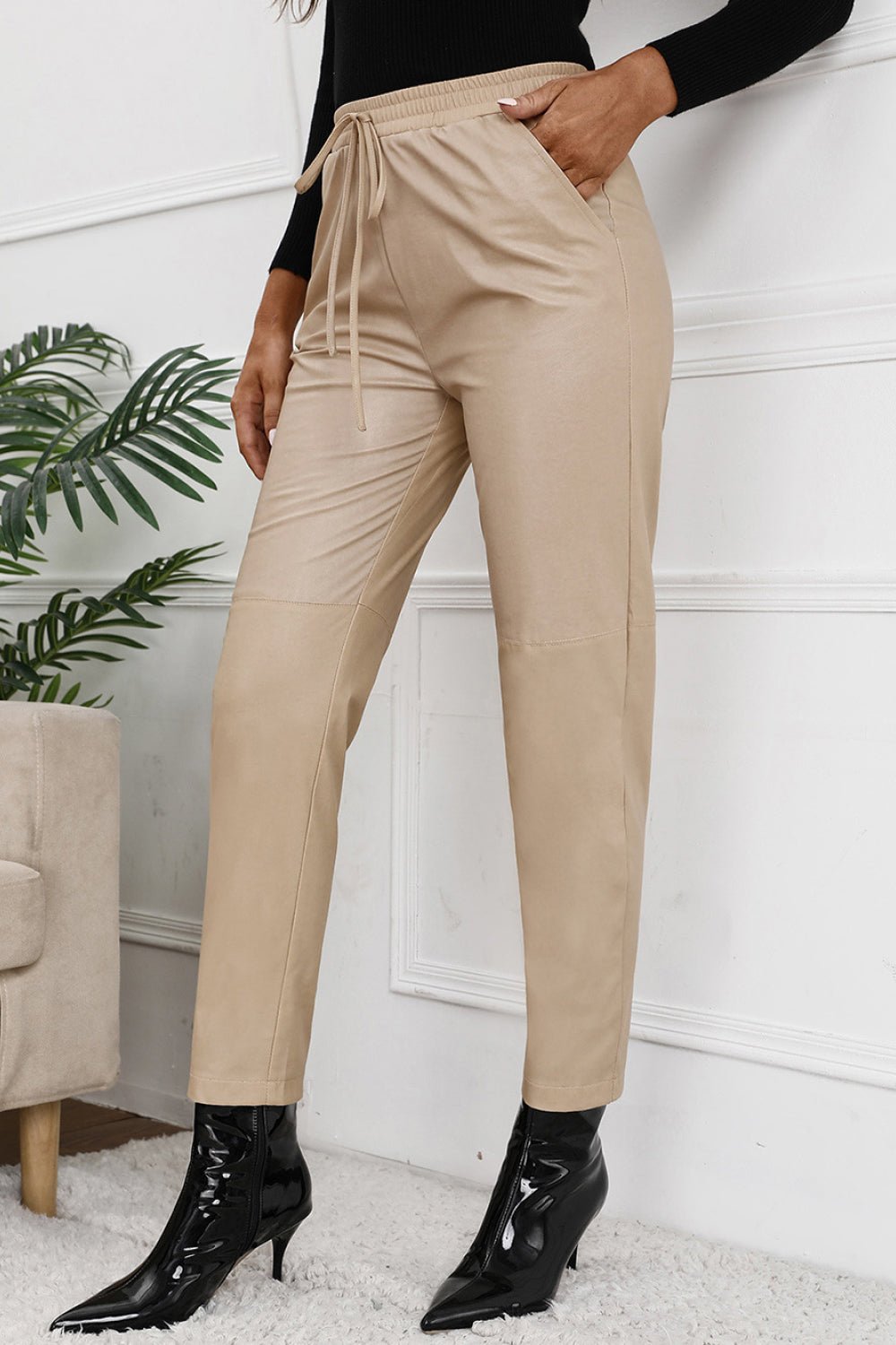Seamed Elastic Waist PU Leather Pants - Shah S. Sahota