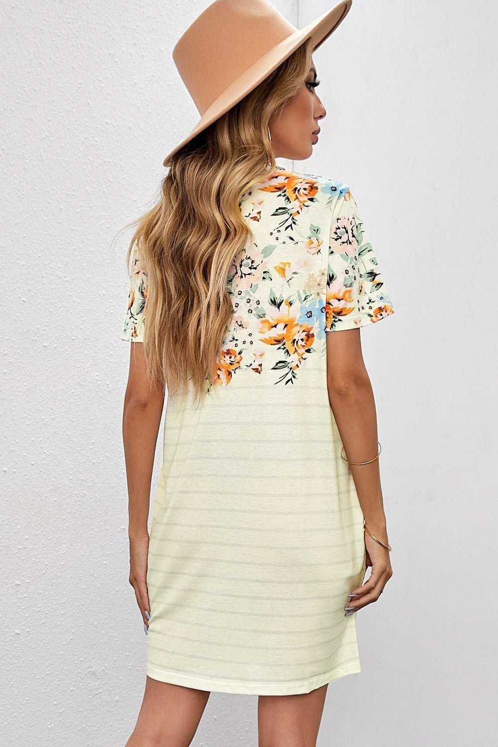 Floral Striped Short Sleeve Round Neck T-Shirt Dress - Shah S. Sahota