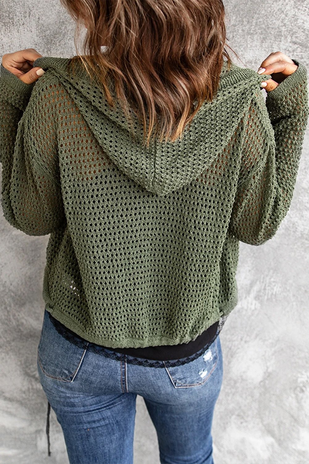 Button-Up Drawstring Detail Openwork Hooded Cardigan - Shah S. Sahota