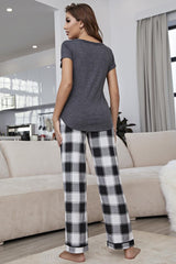 Curved Hem Short Sleeve Top and Plaid Pants Lounge Set - Shah S. Sahota