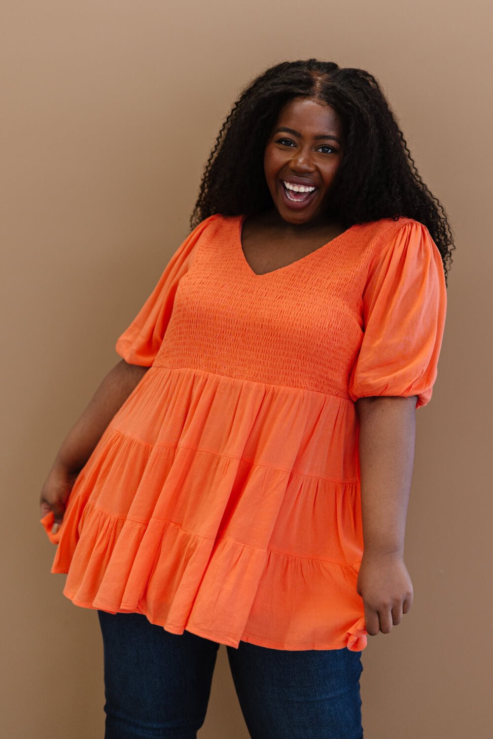 Davi & Dani One-Way Ticket Full Size Run Smocked Tiered Babydoll Blouse - Shah S. Sahota