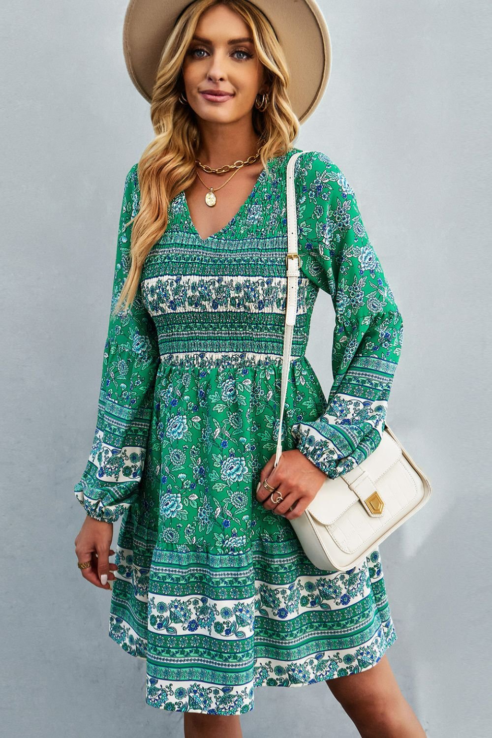 Bohemian V-Neck Balloon Sleeve Dress - Shah S. Sahota