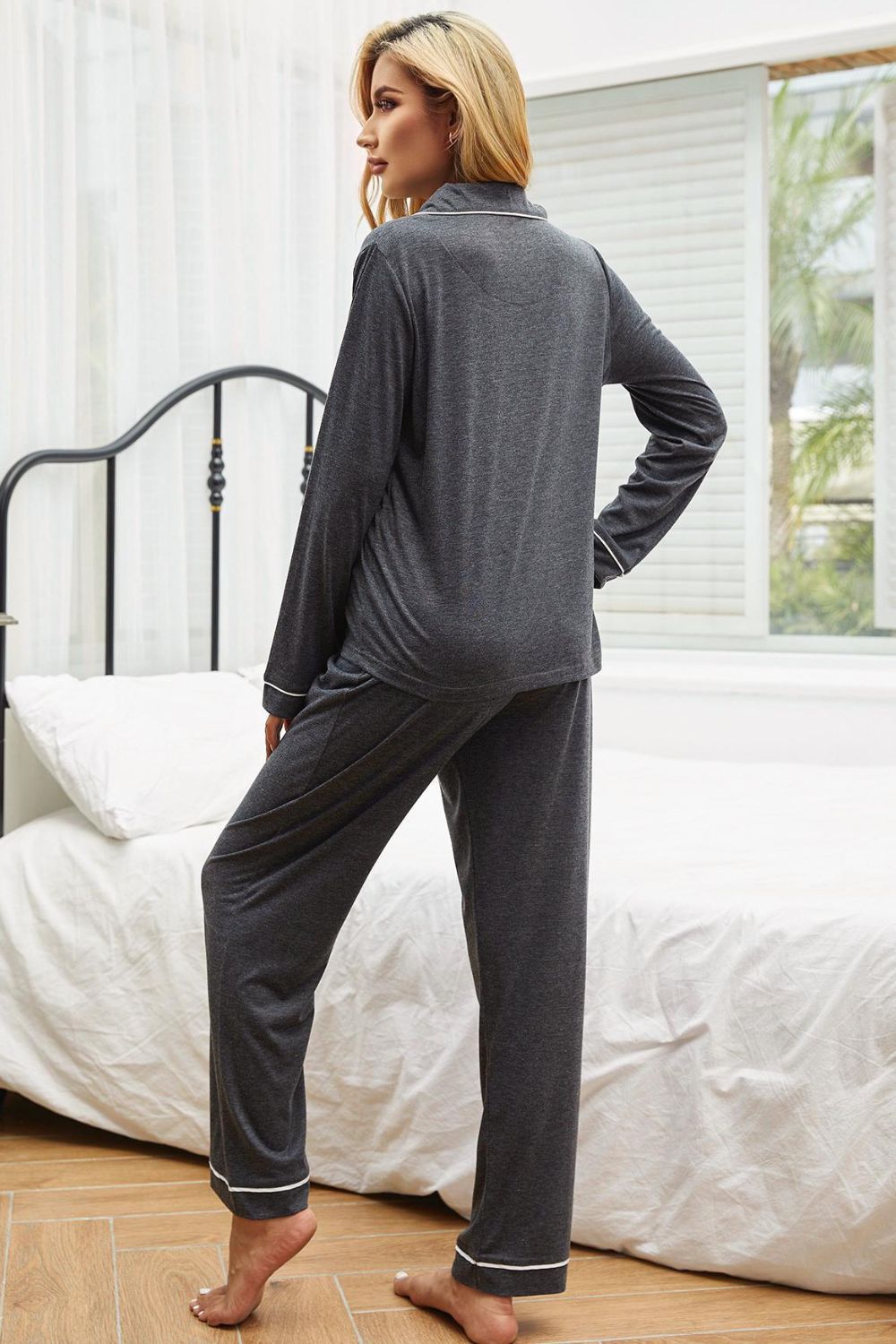 Contrast Piping Button Down Top and Pants Loungewear Set - Shah S. Sahota