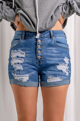 Distressed Button Fly Striped Lining Denim Shorts - Shah S. Sahota