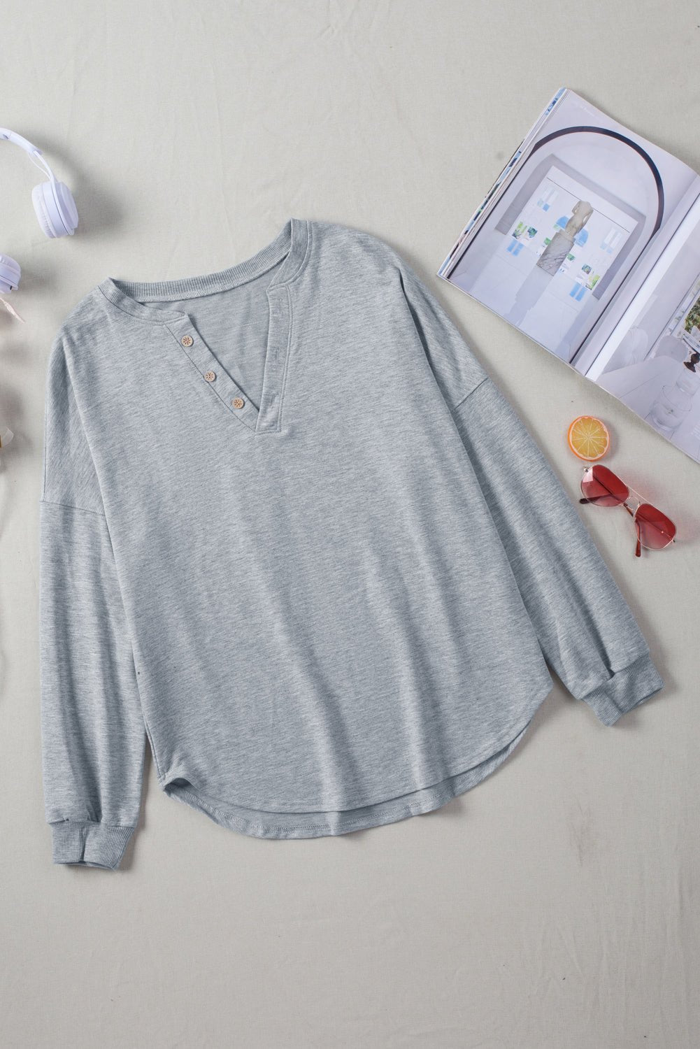 Button Detail Curved Hem Top - Shah S. Sahota