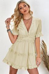 Frill Trim Short Puff Sleeve Plunge Dress - Shah S. Sahota