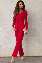 Belted Long Puff Sleeve V-Neck Jumpsuit - Shah S. Sahota