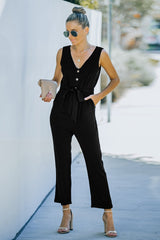 V-Neck Tie Waist Sleeveless Jumpsuit - Shah S. Sahota