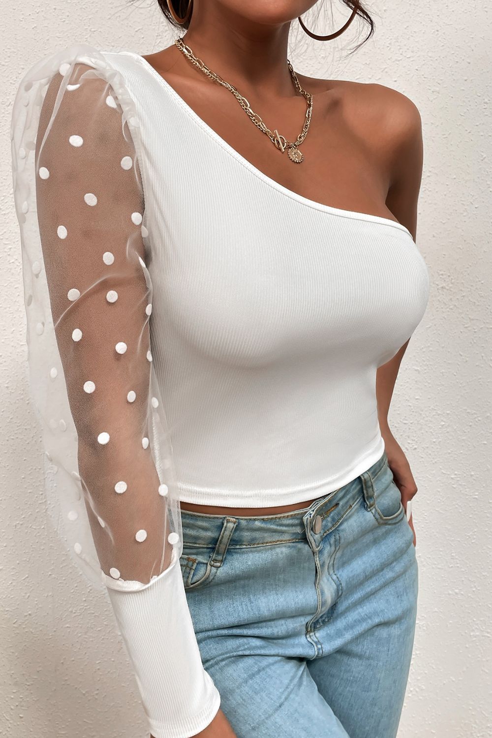 Polka Dot Spliced Mesh Sleeve Cropped Top - Shah S. Sahota