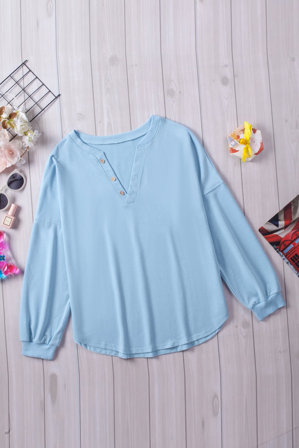 Button Detail Curved Hem Top - Shah S. Sahota