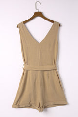 Tie-Waist Buttoned Plunge Sleeveless Romper - Shah S. Sahota