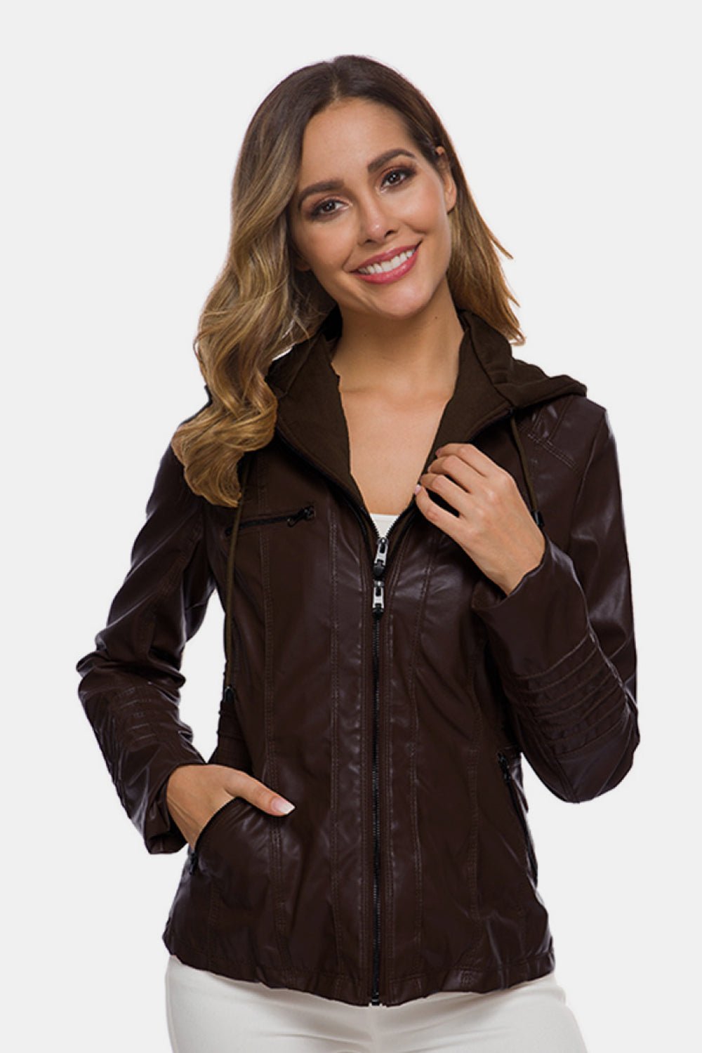 Zipper Front Hooded PU Leather Jacket - Shah S. Sahota