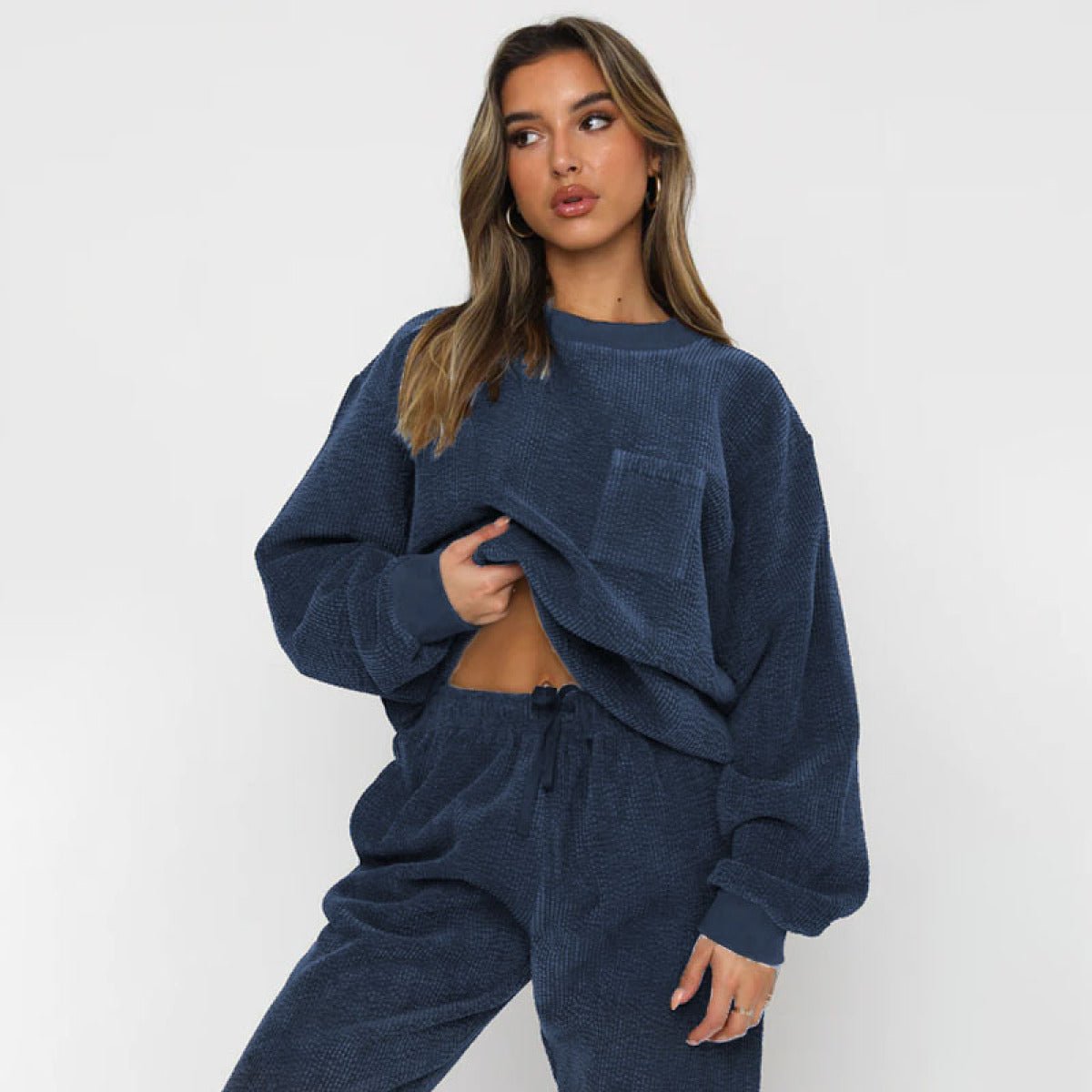 Corduroy Crew Neck Pullover Long Sleeve Sweatshirts & TiePants Two-Piece Sets - Shah S. Sahota