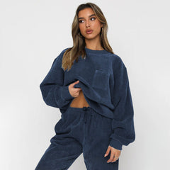 Corduroy Crew Neck Pullover Long Sleeve Sweatshirts & TiePants Two-Piece Sets - Shah S. Sahota