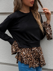 Leopard Spliced Ruffle Hem Round Neck Top - Shah S. Sahota