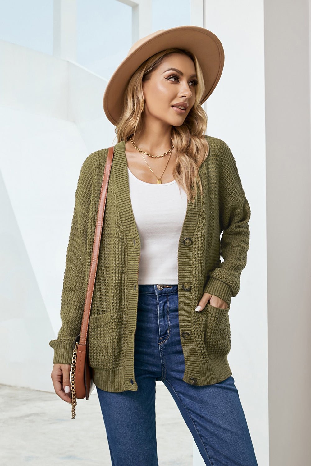 Drop Shoulder Button Down Pocketed Cardigan - Shah S. Sahota