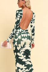 Printed Backless Long Sleeve Maxi Dress - Shah S. Sahota