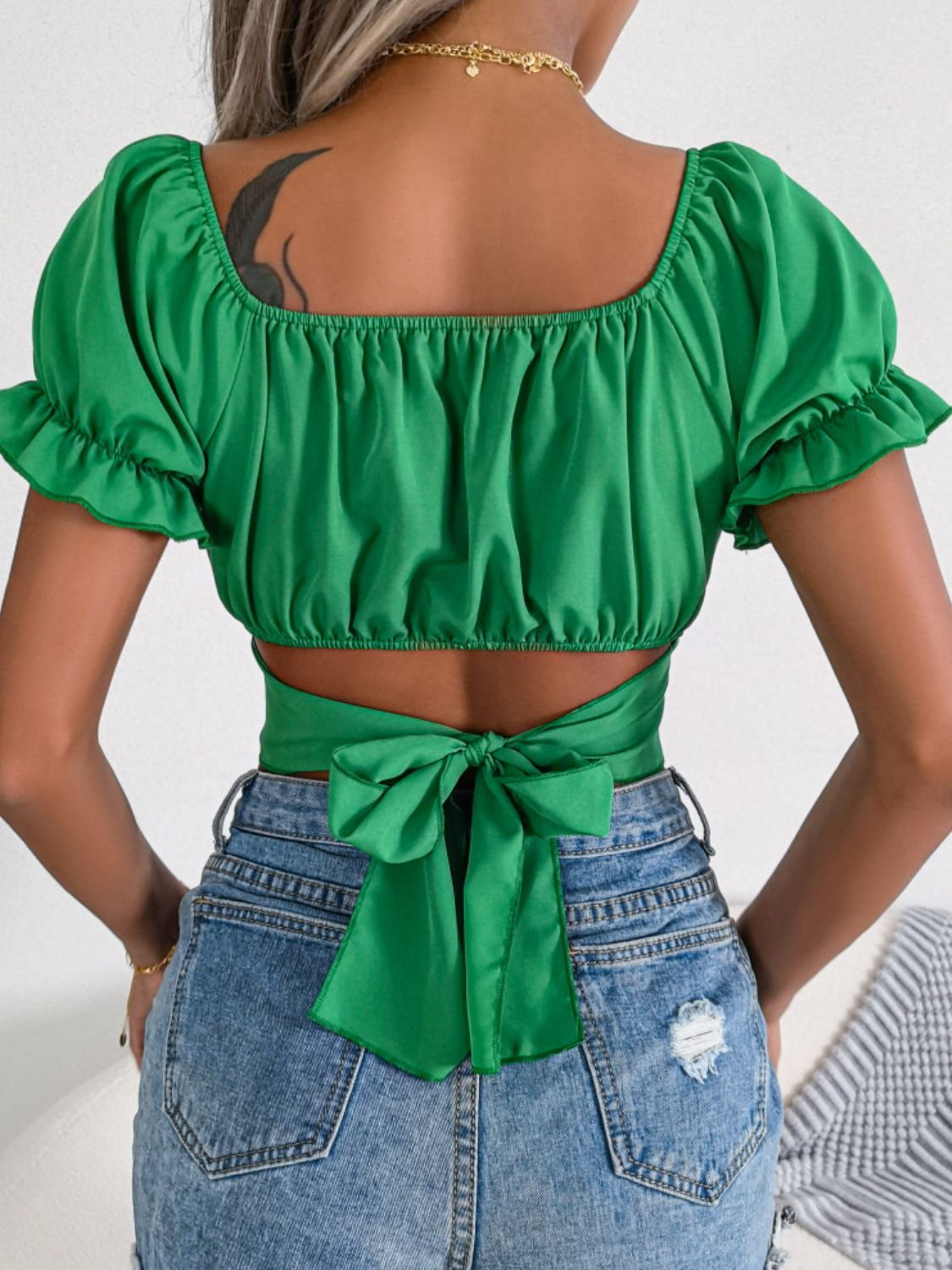 Square Neck Crisscross Flounce Sleeve Cropped Top - Shah S. Sahota