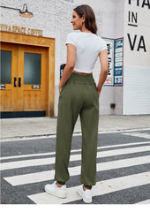 Casual Shirred Elastic High Waist Tie With Pocket Pants