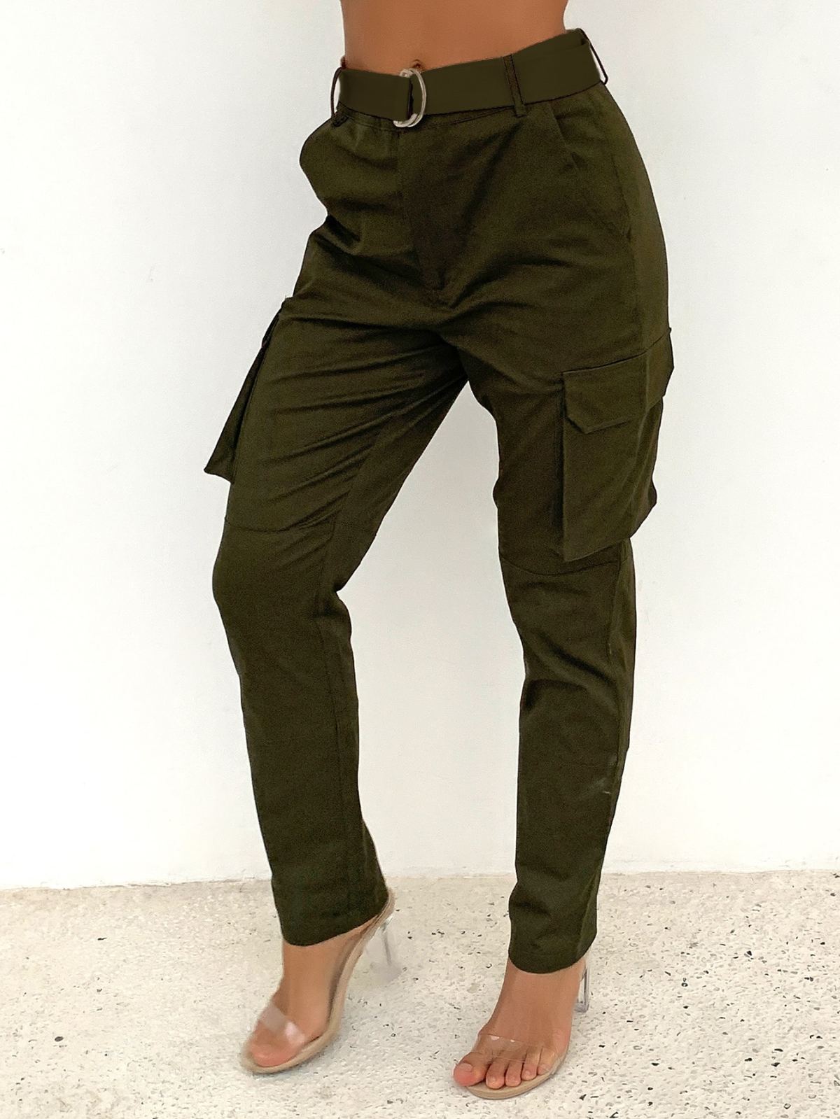 Buckle Belted Solid Cargo Pants - Shah S. Sahota