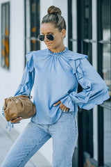 Ruffled Sleeve Frill Neck Gathered Detail Blouse - Shah S. Sahota