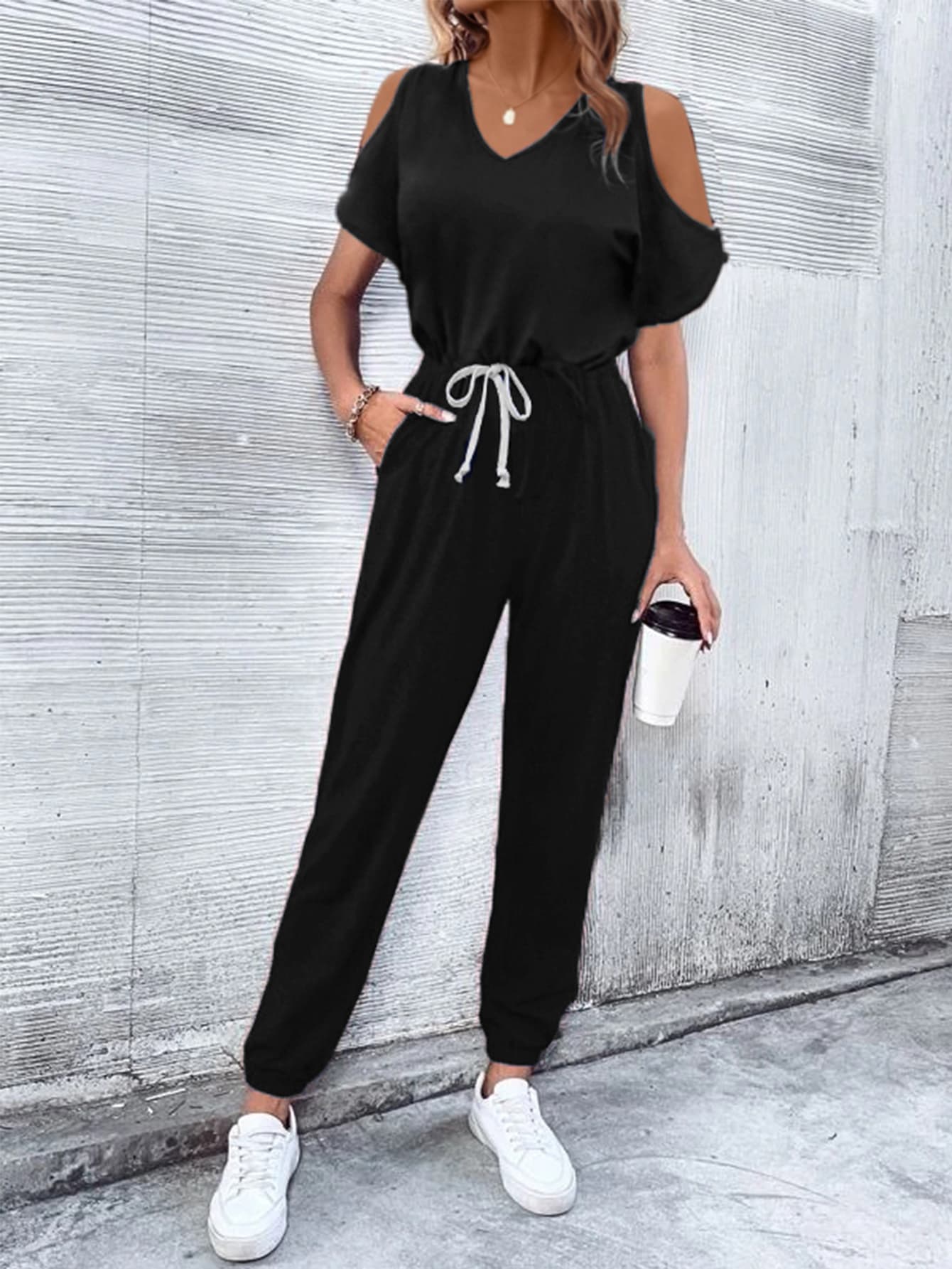 V-Neck Cold-Shoulder Jumpsuit with Pockets - Shah S. Sahota