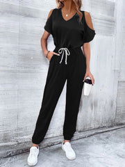 V-Neck Cold-Shoulder Jumpsuit with Pockets - Shah S. Sahota