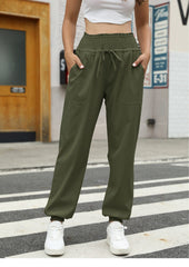Casual Shirred Elastic High Waist Tie With Pocket Pants