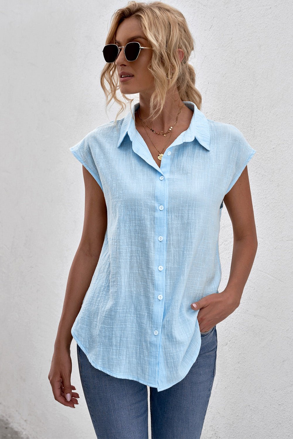 Cap-Sleeve Button Down Shirt - Shah S. Sahota